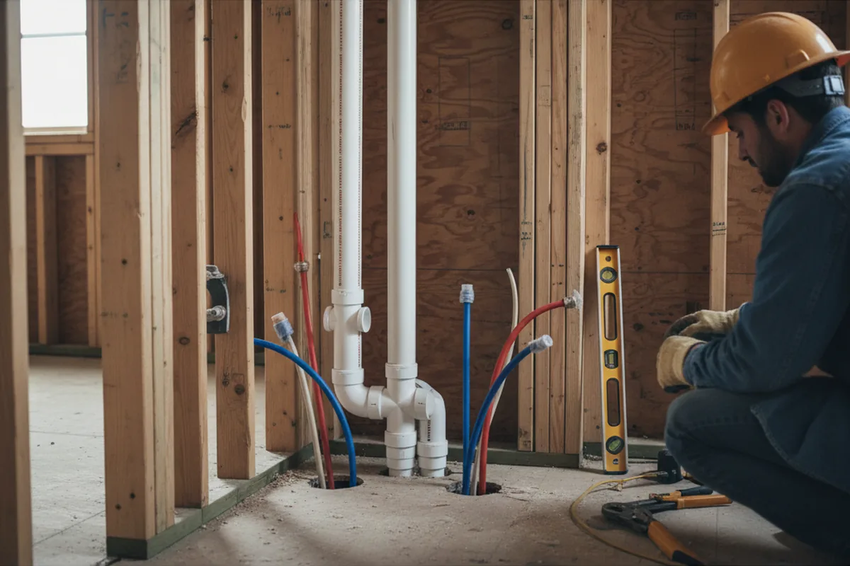 Drain and supply rough-in during Sump Pump Repair in Leighton